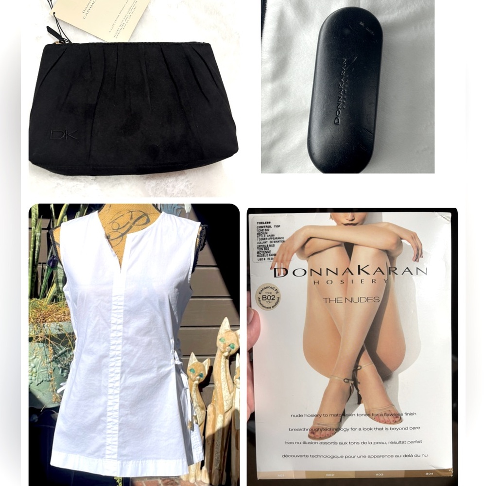 Donna Karan Bundle, Lace Up Top, Cosmetic Case, Eyeglass Case, Nude Hosiery